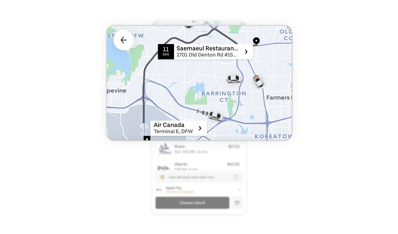 Uber app screens — live map, driver, fare