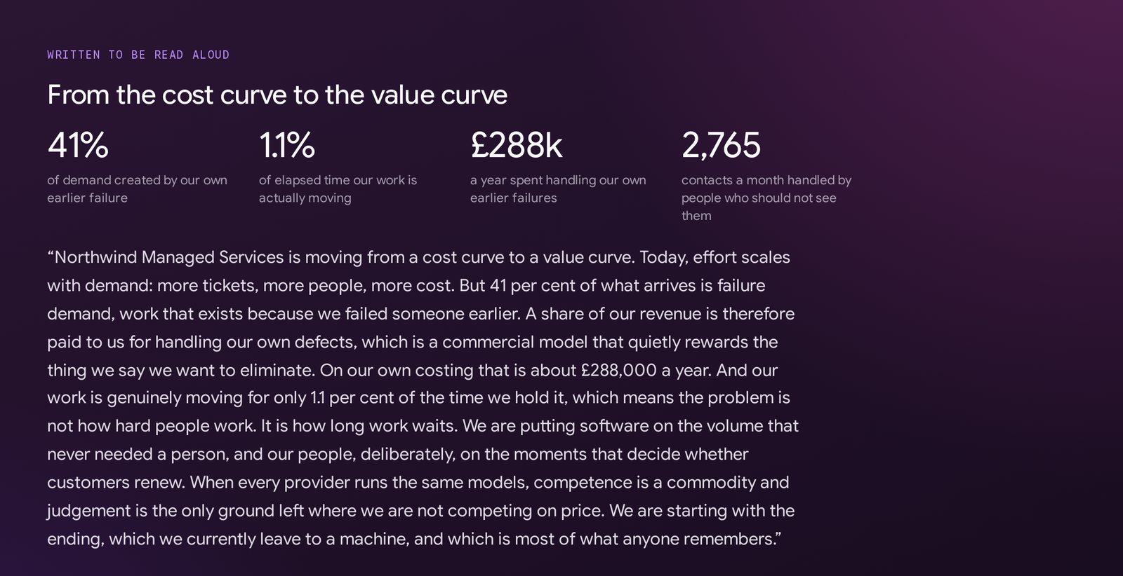 Dark board case panel headed from the cost curve to the value curve, with the figures 41 per cent, 1.1 per cent, £288k and 2,765 above a paragraph written to be read aloud.