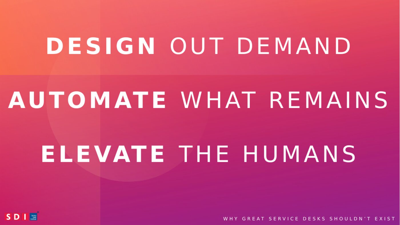 Design out demand · automate what remains · elevate the humans